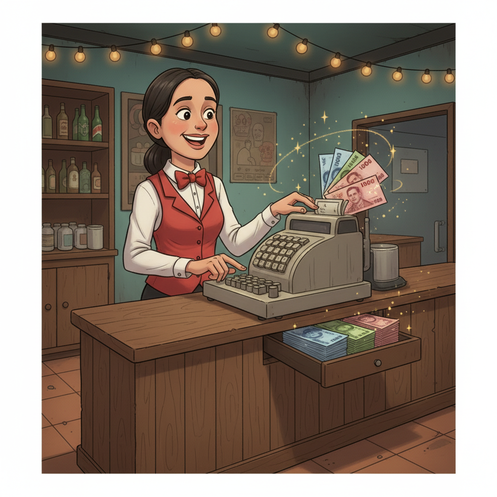 A bar cashier ringing up the night's takings